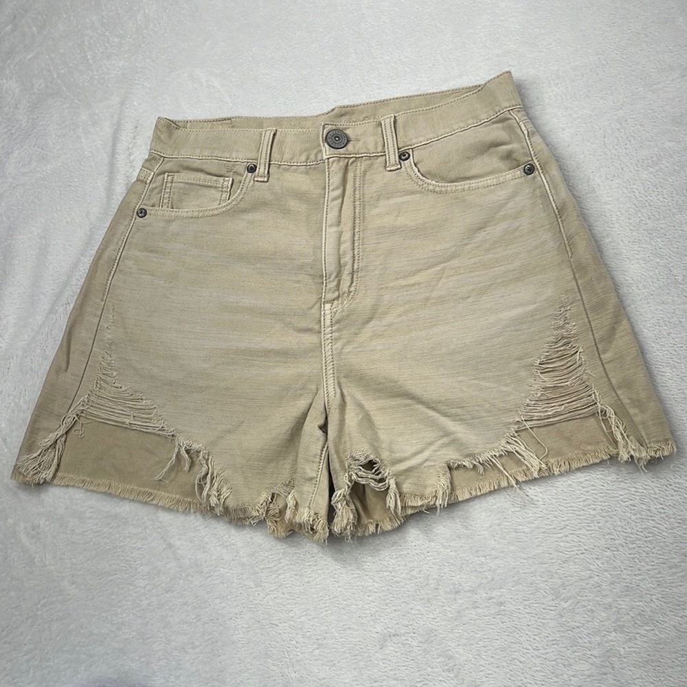 American Eagle 4, 27 Womens Khaki Denim Distressed, Fray High Rise Short Shorts